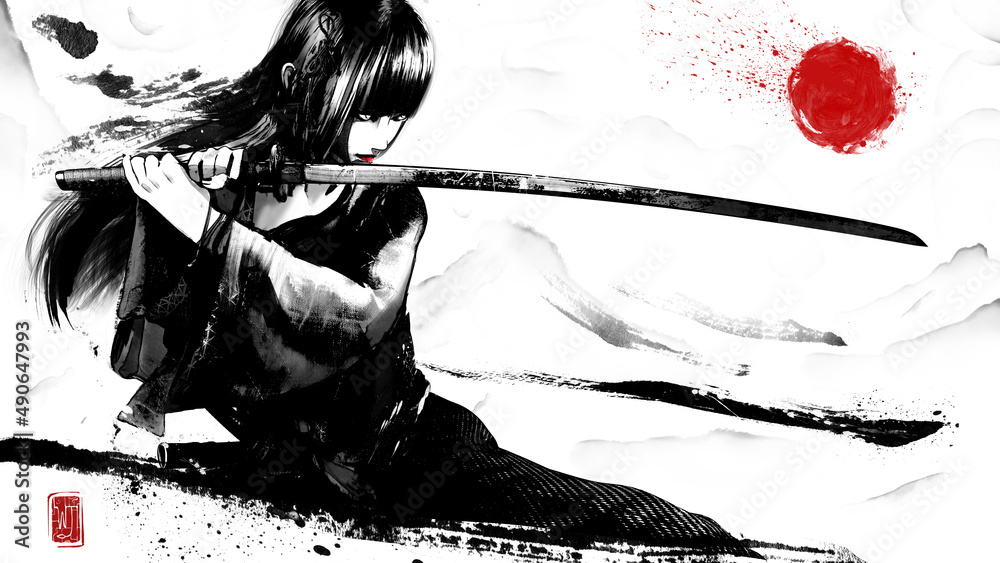 A beautiful Japanese girl with a katana in her hands stands in a fighting  stance, she
