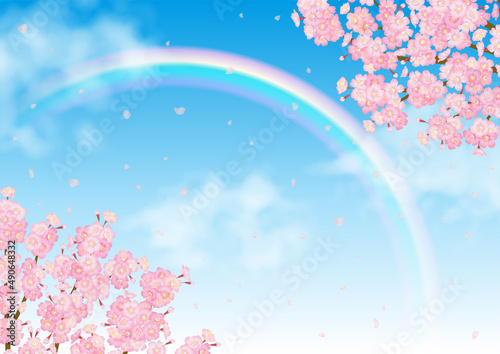 桜と青空にかかる虹のベクター素材
