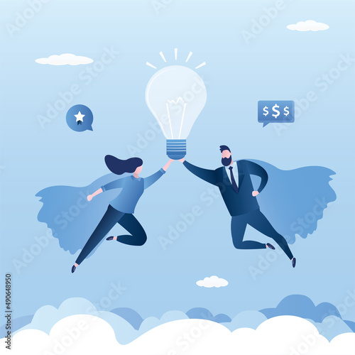 Co-founders, startup concept banner. Business people looking like super hero flying with big light bulb. Brainstorming, ideas search, innovation. Authors of new business idea.