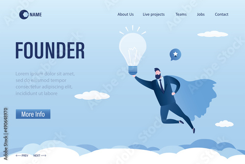 Founder, landing page template. Businessman looking like super hero flying with big light bulb. Brainstorming, ideas search, innovation. Author of new business idea. photo
