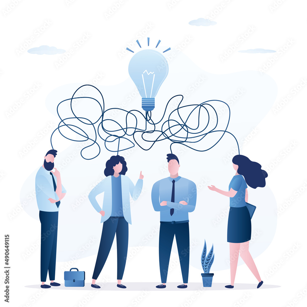 Teamwork, concept banner. Search for ideas, group of business people brainstorming. Solving business problems. Confusion of thoughts. Big light bulb. Overcoming obstacles. Teamwork, concept banner. Search for ideas, group of business people brainstorming. Solving business problems. Confusion of thoughts. Big light bulb. Overcoming obstacles.