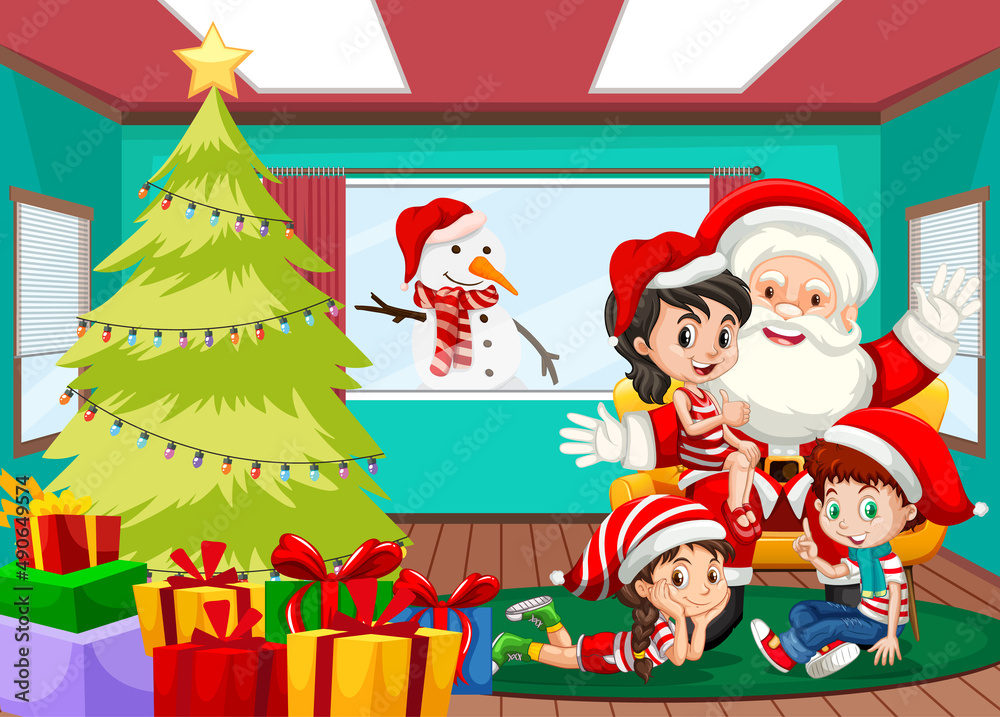 Santa Claus with happy children in the room scene Santa Claus with happy children in the room scene