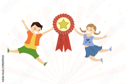 Happy caucasian kids in jump. Successful team holds winner medal. Award ceremony for winners. Cute smiling children. Quality mark with star, reward. Best school students.