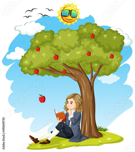 Isaac Newton sitting under apple tree