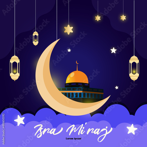 Vector illustration of isra miraj with stars and lanterns
