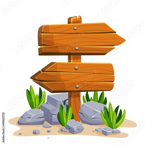 Wooden signpost with stones and cacti with empty space for text. Set of a cartoon of wooden signs of various forms standing on the rocks in a desertv. Vector illustration.