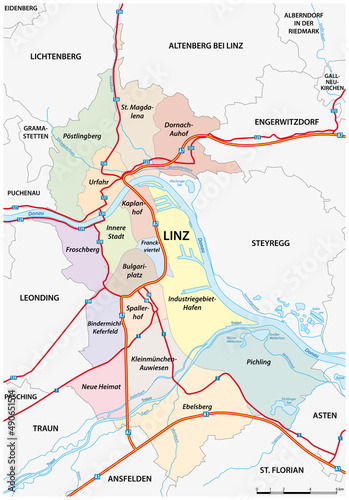 road and administrative vector map of the upper austrian capital Linz 
