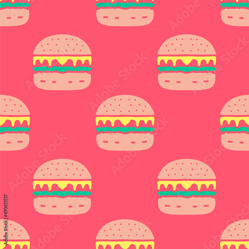 Burger background seamless pattern, illustration for t-shirt, sticker, or apparel merchandise. With doodle, retro, and cartoon style.