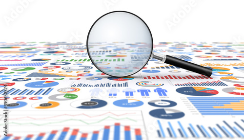 ビジネスチャートと虫眼鏡、ビジネス資料を検索するイメージ