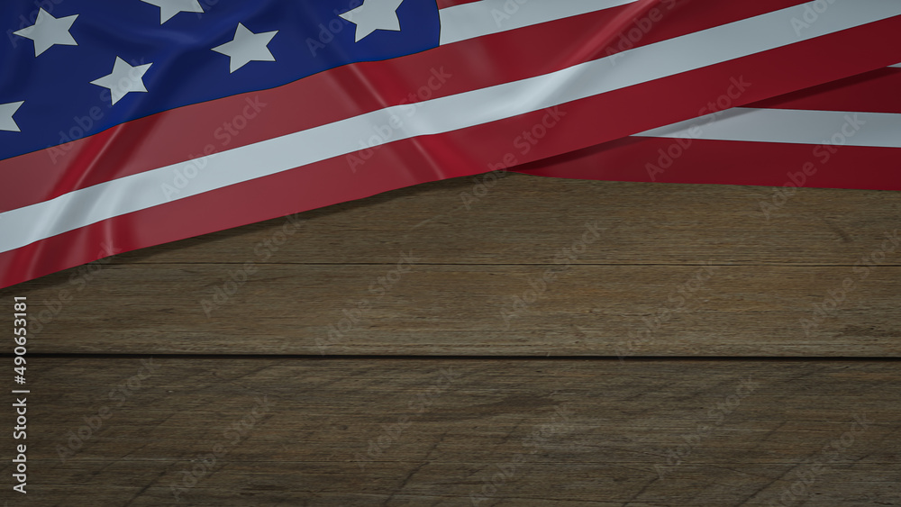 Obraz premium The Usa flag on wood table for Independence Day background 3d rendering.