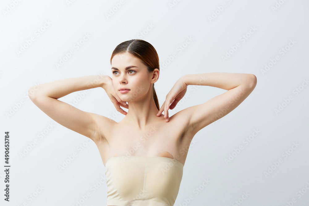 woman posing clean skin care attractive look light background woman posing clean skin care attractive look light background