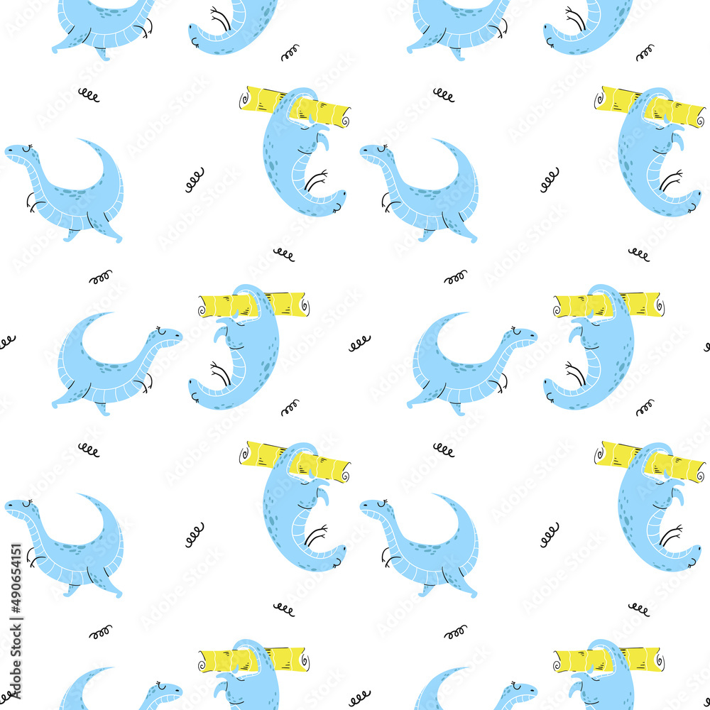 Seamless pattern with hand drawn dinosaurs. Scandinavian style, flat style, doodle. Children's design. Vector.
