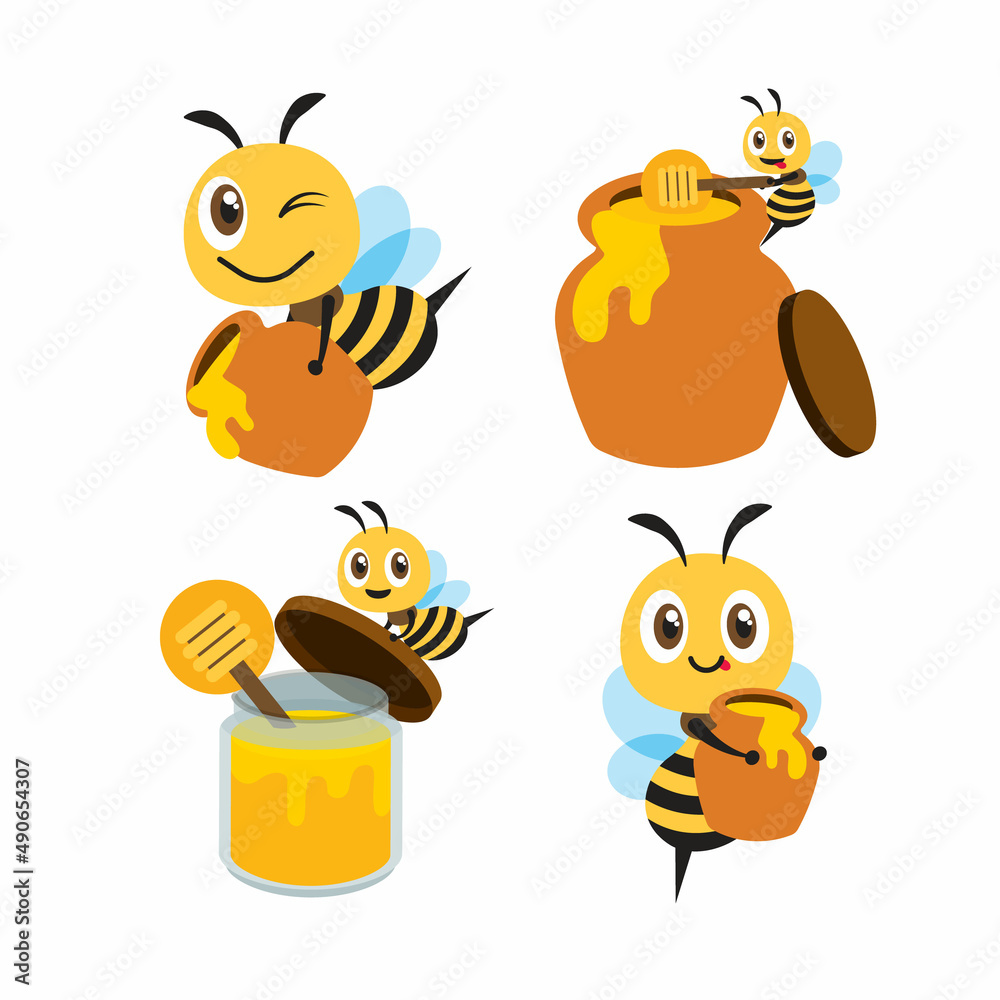 Flat design bee mascot set. Cartoon cute bee with honey pot set. Cute bee carries honey pot and organic honey bottle. Flat art vector character mascot set