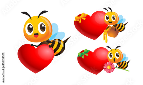 Collection of cartoon cute bee with empty heart shape signboard. Bee character holding honey pot and flower with blank love sign for mothers day and valentines day. Vector character illustration