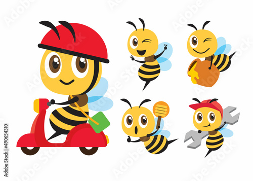 Flat design collection of cartoon bee different poses. Bee ride scooter, carry honey pot, hold spanner, hold honey dipper. Vector bee character illustration