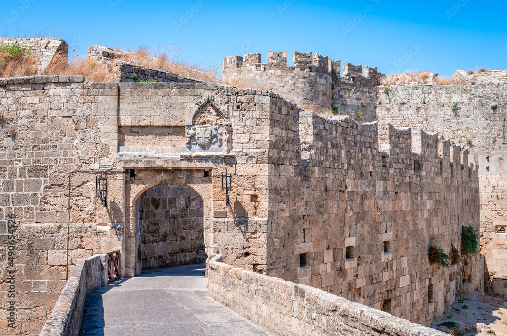 The gate of St Athanasius, part of the fortification of the medieval town of Rhodes, Dodecanese, Greece.
