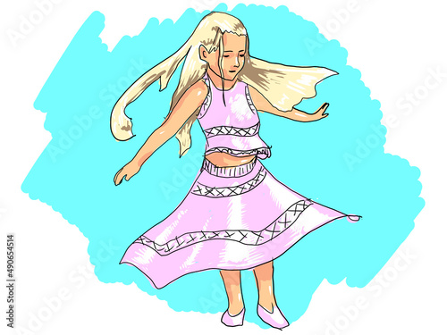 beautiful girl athlete dancing in a short dress, dance, in a short skirt, illustration, woman, figure, slender girl