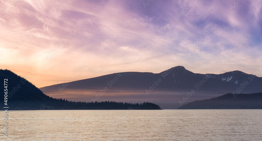 Canadian Nature Mountain Landscape on the Pacific Ocean West Coast. Colorful Winter Sunset Art Render. Taken in Howe Sound near Horseshoe Bay, West Vancouver, British Columbia, Canada. Background