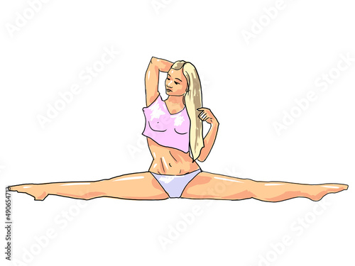 woman doing exercise, yoga, stretching, fitness, beautiful naked girl, athlete, dancing, bare legs, illustration, slim female figure, nudity, persona, female character, ballet, ballerina, ballerinas, 