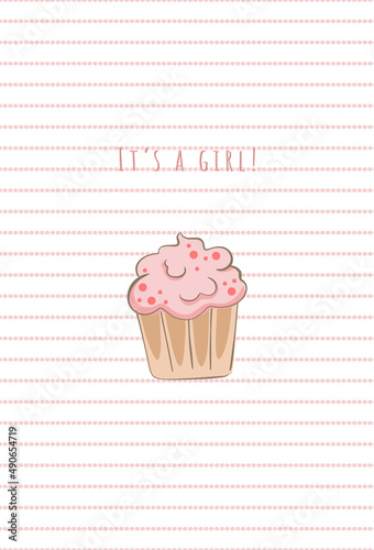 girl baby shower greeting card with pink muffin and text it s a girl