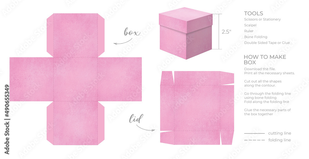 Printable template DIY party favor box for birthdays, baby showers. Gift  pink square box template for cute candies small presents. Isolated on white  background. Print, cut out, fold, glue. Illustration Stock