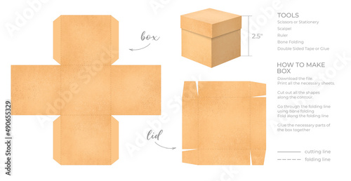 Printable template DIY party favor box for birthdays, baby showers. Gift orange square box template for cute candies small presents. Isolated on white background. Print, cut out, fold, glue.