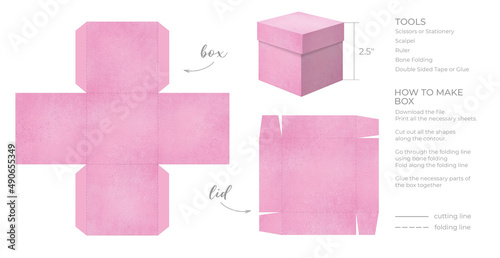 Printable template DIY party favor box for birthdays, baby showers. Gift pink square box template for cute candies small presents. Isolated on white background. Print, cut out, fold, glue. photo