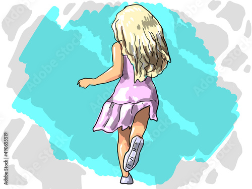 girl on the map, beautiful girl from the back, girl running, back, legs naked, athlete, illustration, female figure in a dress, slender, nudity, person, character, drawing, sketch, graphics, hair