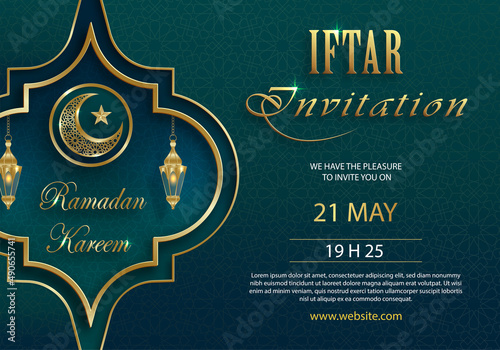 Iftar invitation card for Ramadan Kareem on Islamic background with crescent moon and gold pattern on paper color background for event and party