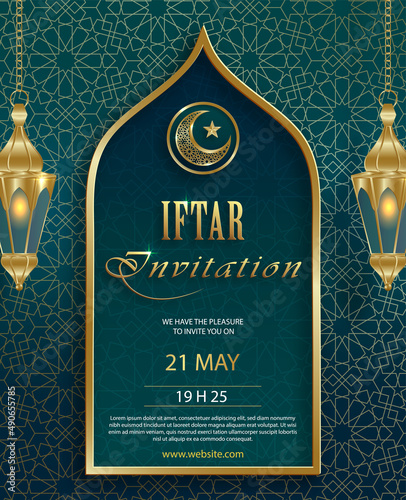 Iftar invitation card for Ramadan Kareem on Islamic background with crescent moon and gold pattern on paper color background for event and party
