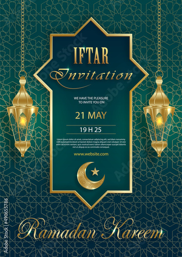 Iftar invitation card for Ramadan Kareem on Islamic background with crescent moon and gold pattern on paper color background for event and party