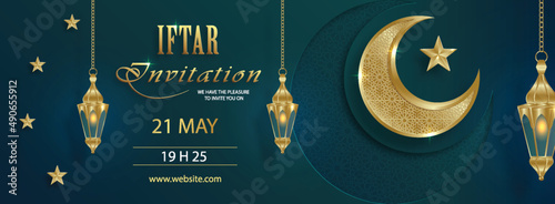 Valokuva Iftar invitation card for Ramadan Kareem on Islamic background with crescent moo