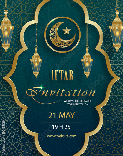 Iftar invitation card for Ramadan Kareem on Islamic background with crescent moon and gold pattern on paper color background for event and party