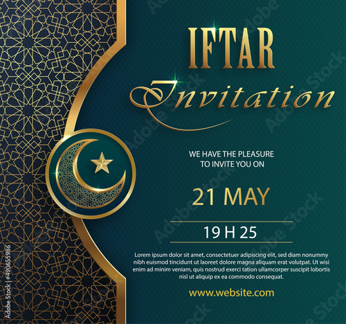 Iftar invitation card for Ramadan Kareem on Islamic background with crescent moon and gold pattern on paper color background for event and party