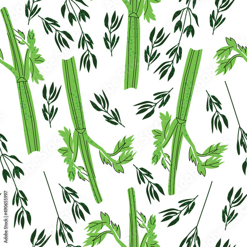 Fototapeta Naklejka Na Ścianę i Meble -  Seamless pattern background - greeneries. Vector illustration of mint, celery and rosemary