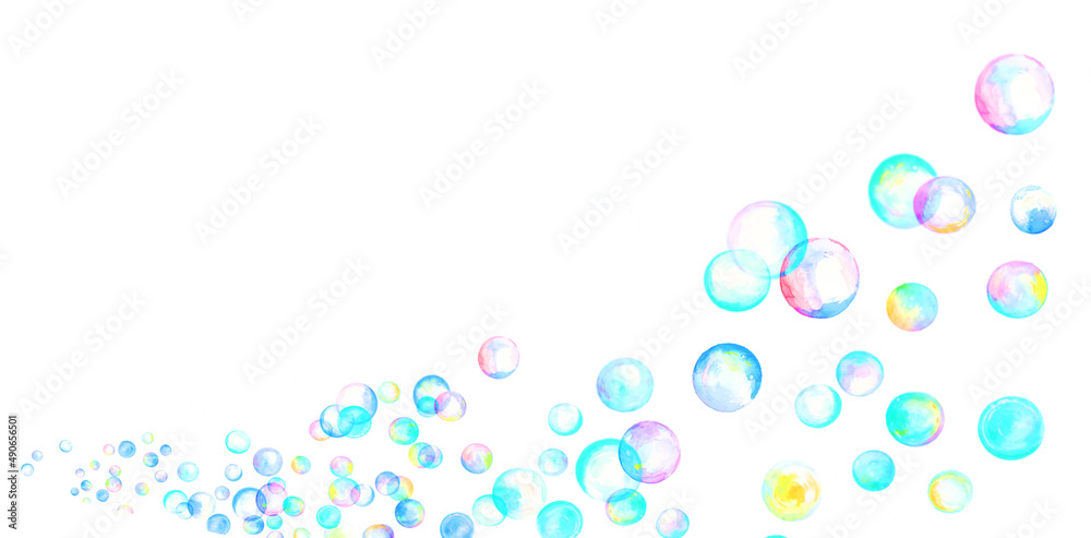 水彩で描いたカラフルなシャボン玉のイラスト素材　フレーム素材 春のイラスト素材　水色	
