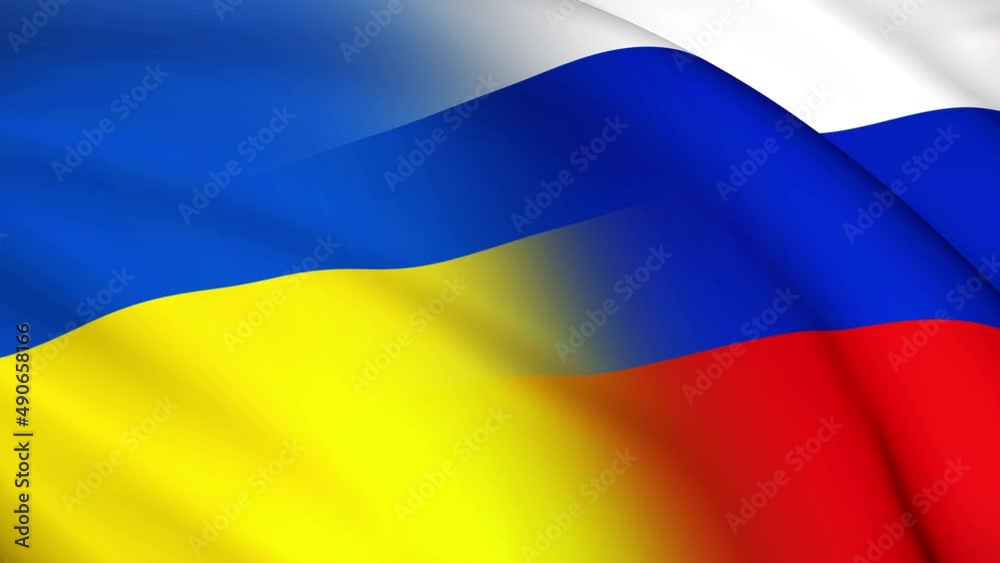 Ukraine and Russia waving flags - ukrainian and russian national flag mixed - concept for conflict of the countries war and peace - seamless loop 4k animation Ukraine and Russia waving flags - ukrainian and russian national flag mixed - concept for conflict of the countries war and peace - seamless loop 4k animation