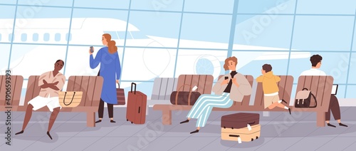 People waiting for departure in lounge area of international air terminal. Tourists with luggage and phones in airport. Passengers with baggage on chairs before travel. Flat vector illustration