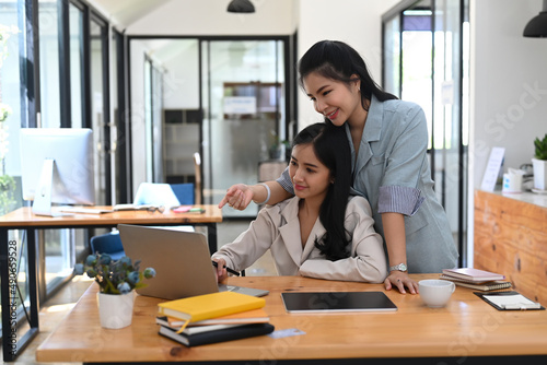 Friendly businesswoman explains business plan and analyzing financial data with her colleague.