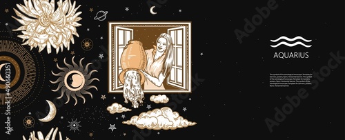 Zodiac sign Aquarius. A girl stands at the window and pours water from a jug. Astrology.