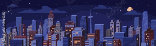 Night city view with business buildings, skyscrapers, towers. Urban landscape of financial downtown and sky at midnight. New York metropolis panorama, seamless pattern. Flat vector illustration
