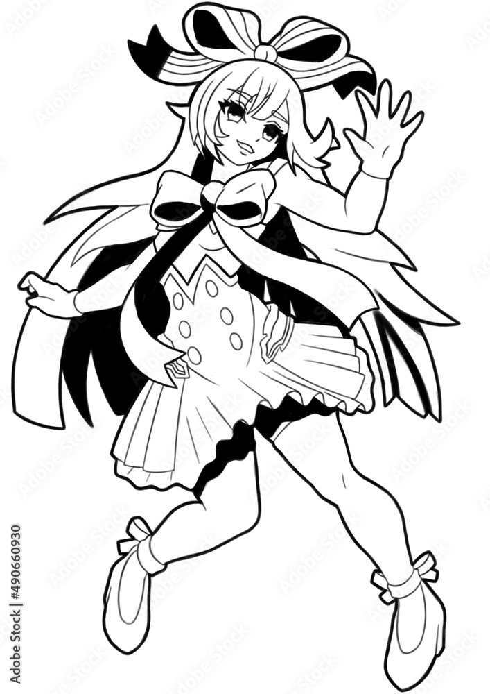 A cute anime manga girl with pink hair and a big bow. In a skirt and white gloves line style manga
A cute anime manga girl with pink hair and a big bow. In a skirt and white gloves line style manga