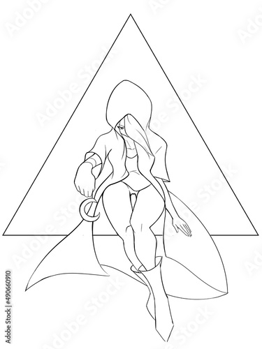 A girl in a raincoat and a hood sits and holds a keychain in her hands. She has long hair, against the background of a triangle, 2d illustration.