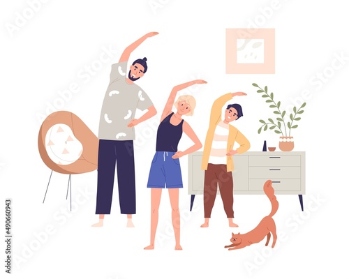 Healthy family doing morning exercises together at home. Mother, father and child during indoor workout. Parents and kid son at sports training. Flat vector illustration isolated on white background
