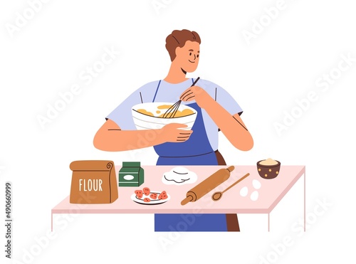 Person cooks home food from flour and eggs. Man cooking at kitchen table, preparing dough for baking in bowl. Homemade bakery preparation. Flat vector illustration isolated on white background photo