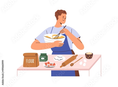 Person cooks home food from flour and eggs. Man cooking at kitchen table, preparing dough for baking in bowl. Homemade bakery preparation. Flat vector illustration isolated on white background