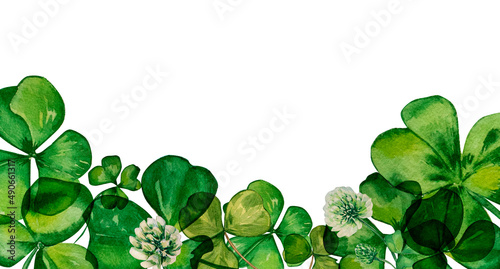 Shamrock and green clover banner watercolor on white background