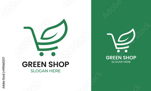 Green trolley logo design with leaf and natural concept