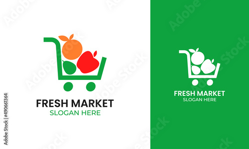 Trolley logo with fresh fruit and vegetable icon for supermarket identity