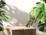 Blank wood podium product display and green tropical monstera plants leaves with beautiful sun light and shadow. 3D render for nature, organic, spa, aroma, health, care, cosmetic, beauty background.